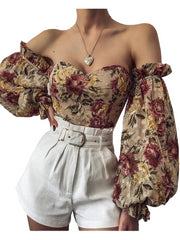 Printed Chiffon Blouse with Off-Shoulder Elegance and Lantern Sleeves Khaki Beachwear Australia