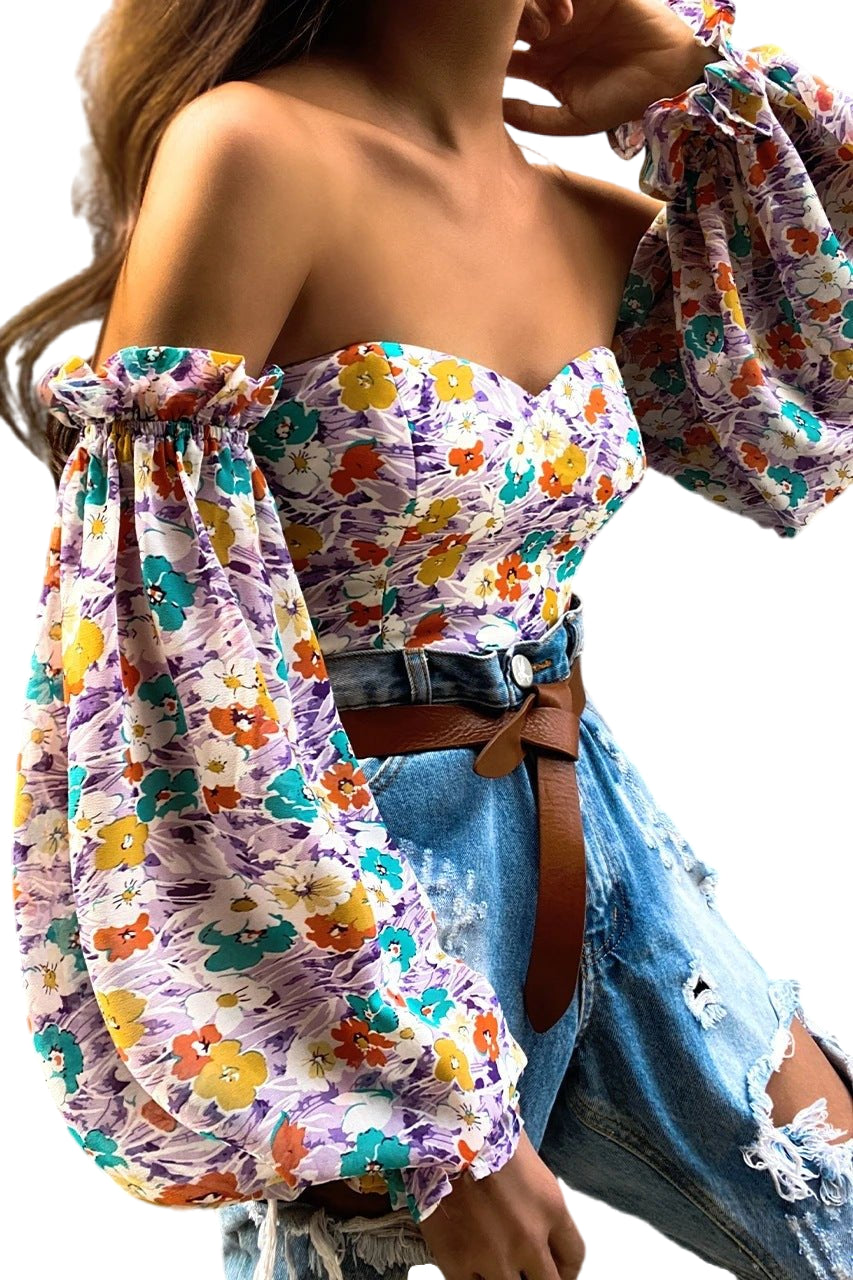 Printed Chiffon Blouse with Off-Shoulder Elegance and Lantern Sleeves Color Beachwear Australia