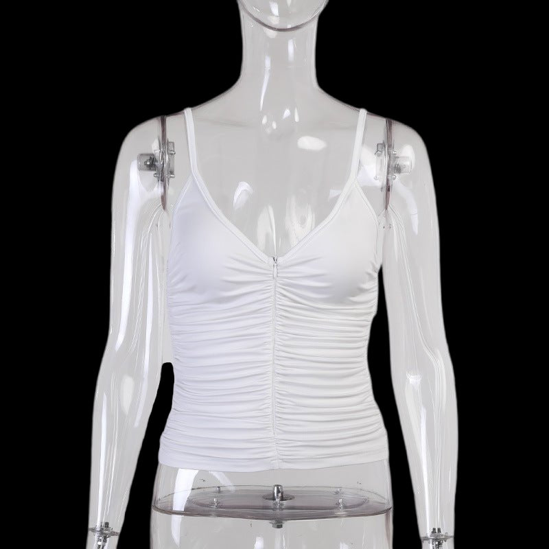 U-Neck Pleated Zipper Slim Vest for Women White Beachwear Australia