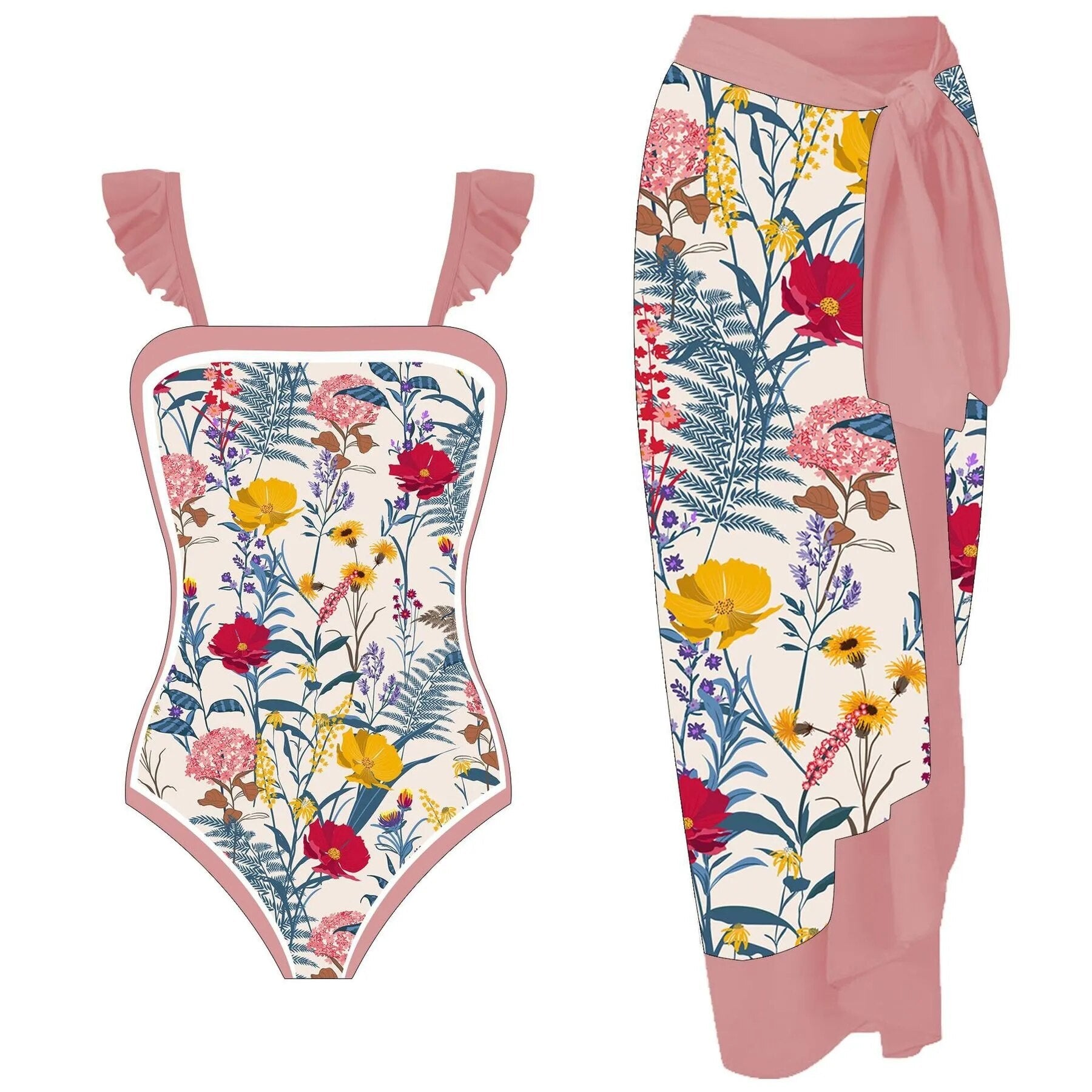 Summer Print One Piece Swimsuit With Beach Skirt A23050601C Beachwear Australia