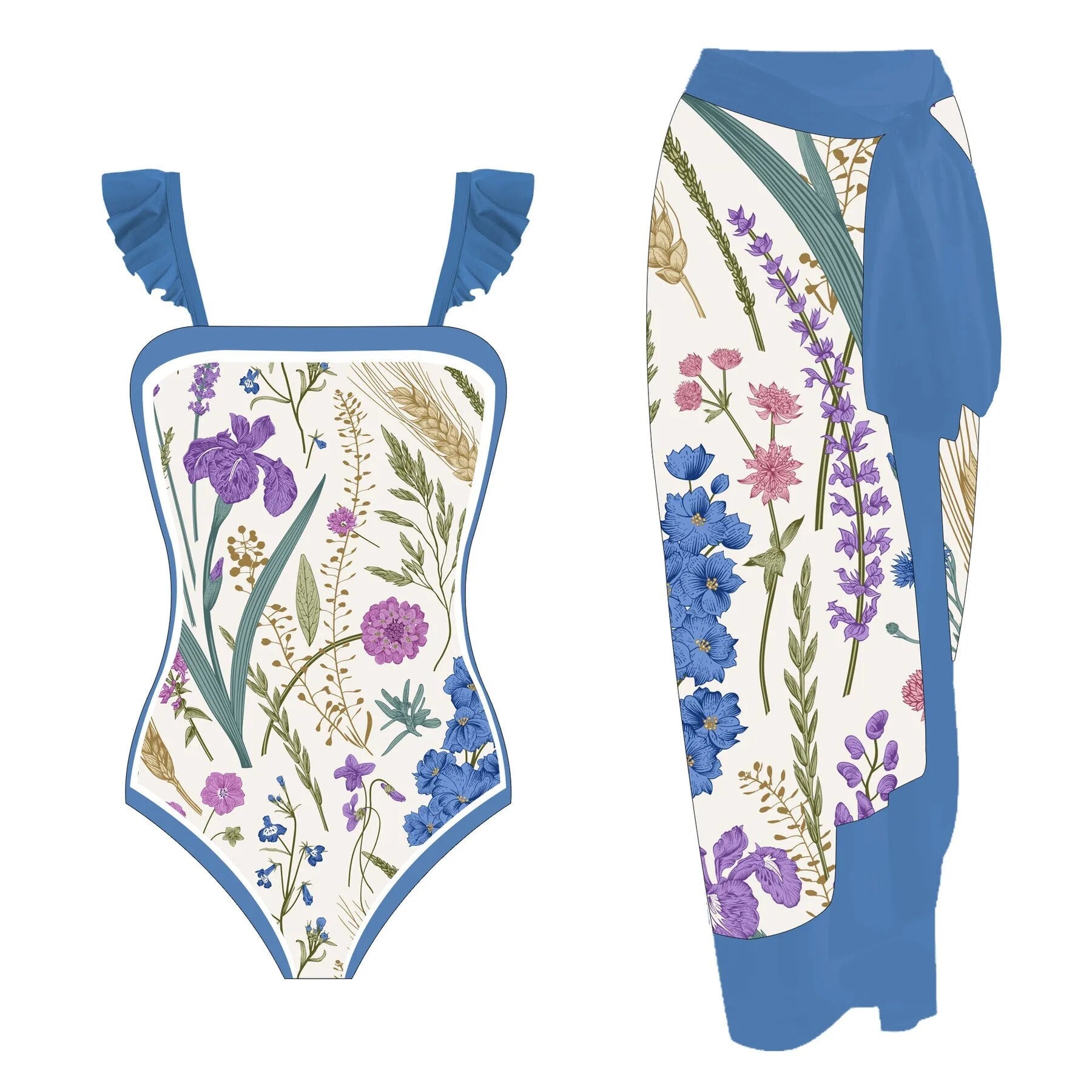 Summer Print One Piece Swimsuit With Beach Skirt A23050601A Beachwear Australia