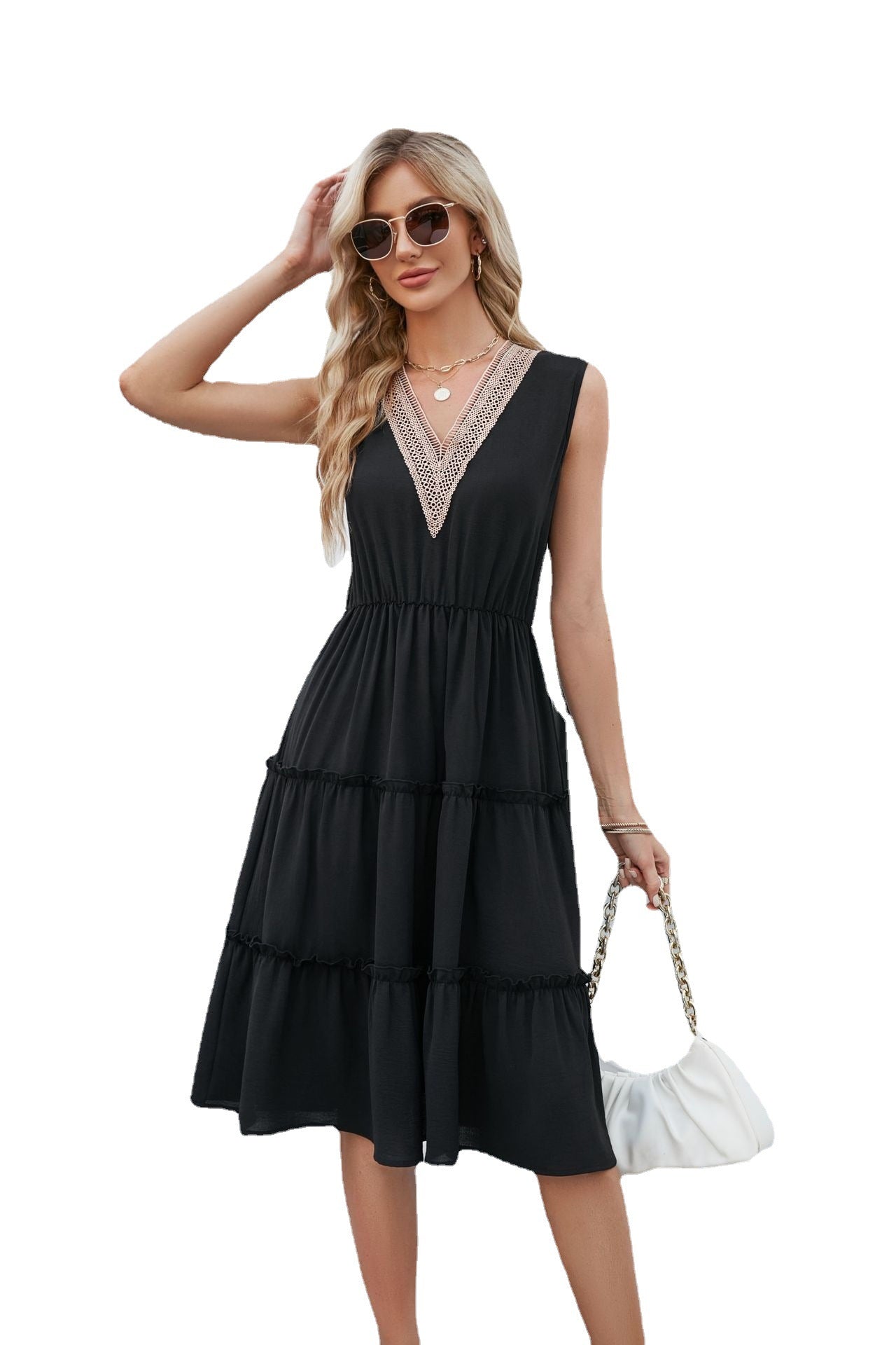 V-Neck Sleeveless Ruffle Dress Black Beachwear Australia