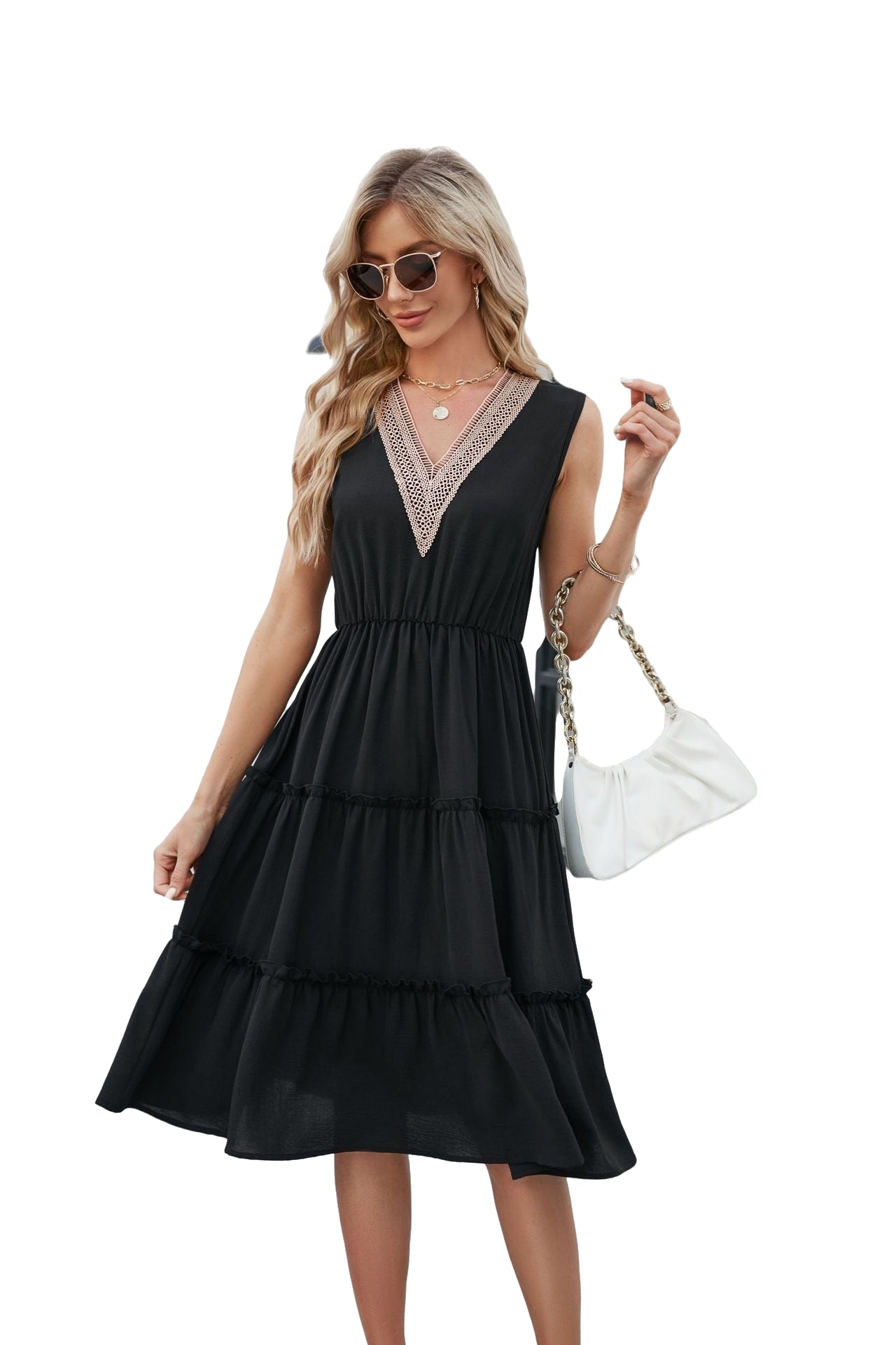 V-Neck Sleeveless Ruffle Dress Black Beachwear Australia
