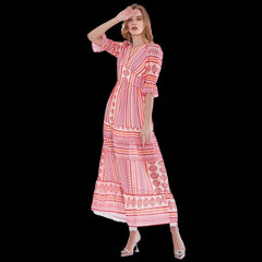 V-Neck Maxi Dress with Print Half Sleeves and High Waist Red Beachwear Australia