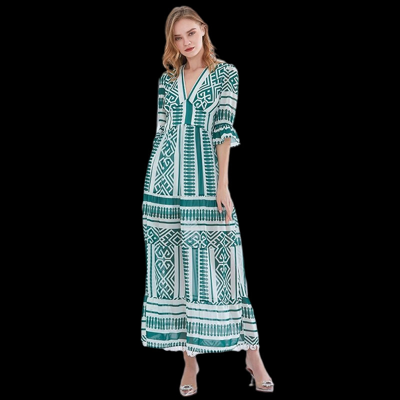 V-Neck Maxi Dress with Print Half Sleeves and High Waist Green Beachwear Australia