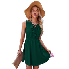 V-Neck Ruffle Sleeveless Short Dress for Women Dark green Beachwear Australia