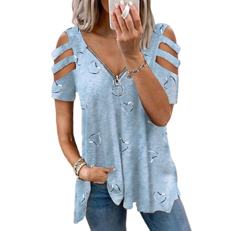 V-Neck Zipper Short-Sleeve Casual Top Blue Beachwear Australia