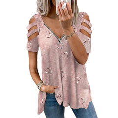 V-Neck Zipper Short-Sleeve Casual Top Pink Beachwear Australia