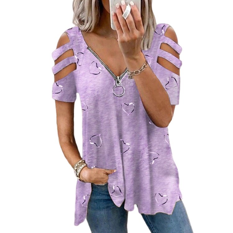 V-Neck Zipper Short-Sleeve Casual Top Purple Beachwear Australia