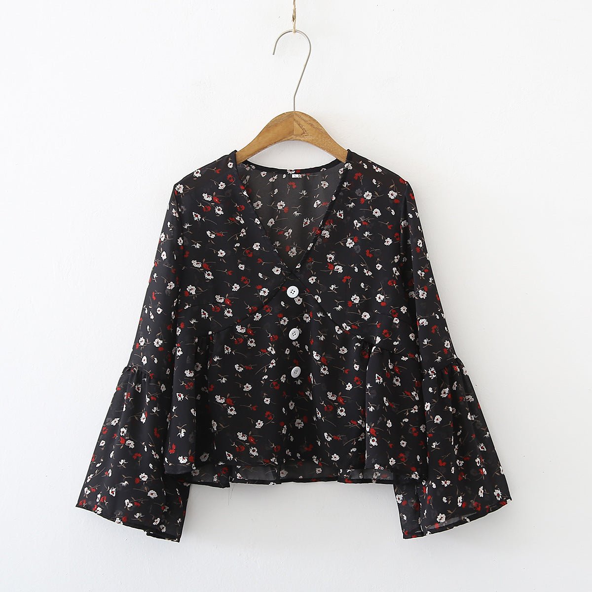 Vintage Floral Chiffon Shirt with Flared Sleeves for Women Black Beachwear Australia