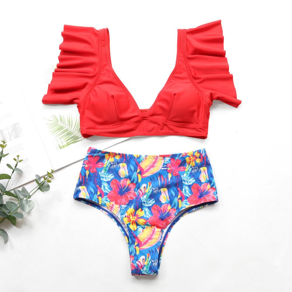 High Waist Bottoms with Ruffle Sleeves Bathing Suit Red Blue Beachwear Australia