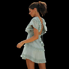 Women's Cotton Tassel V-Neck Mini Dress with Batwing Sleeves and Lace Tie-up Mint Beachwear Australia