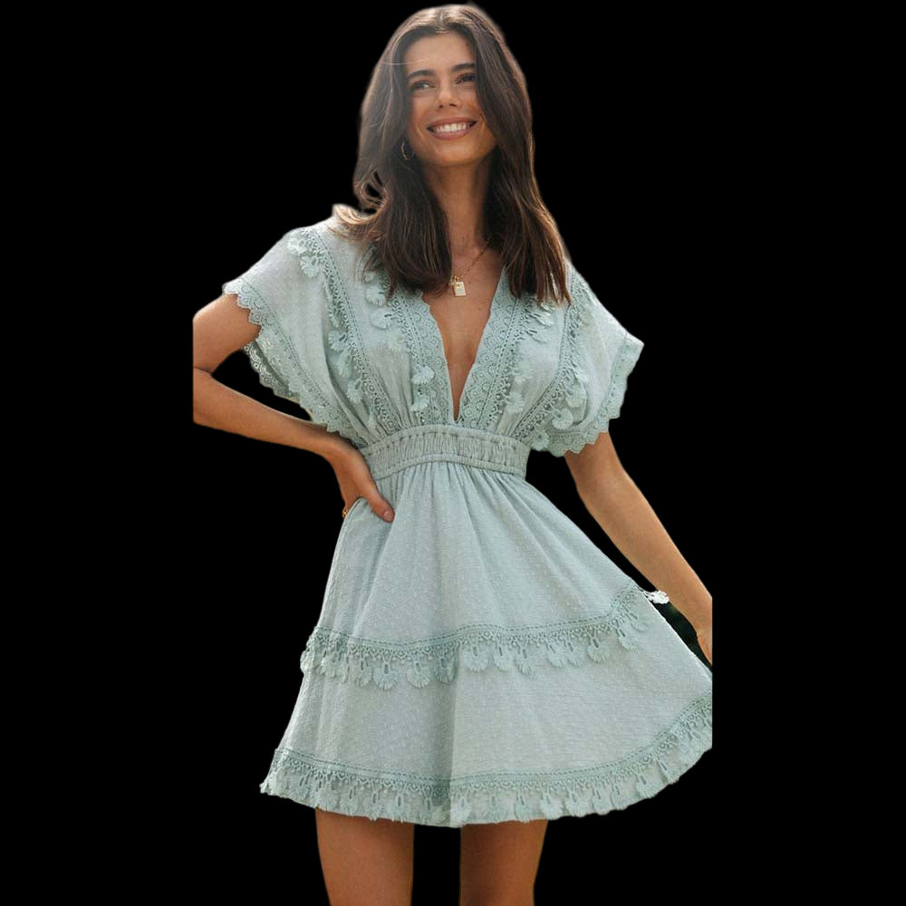 Women's Cotton Tassel V-Neck Mini Dress with Batwing Sleeves and Lace Tie-up Mint Beachwear Australia