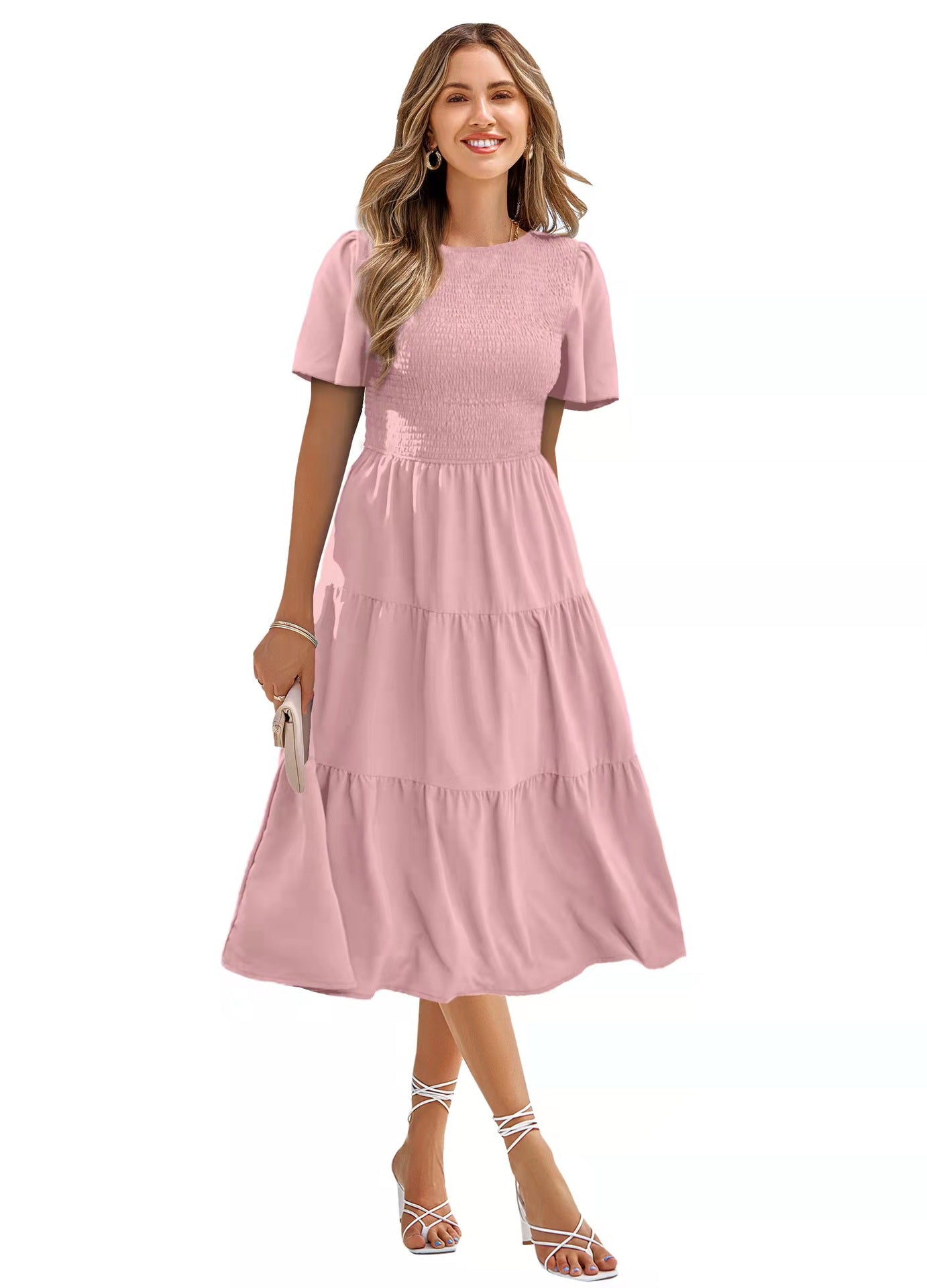 Women's Smocked Ruffle Mini Beach Dress Pink Beachwear Australia
